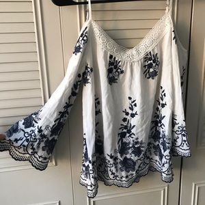 Cold shoulder top with blue floral embroidery